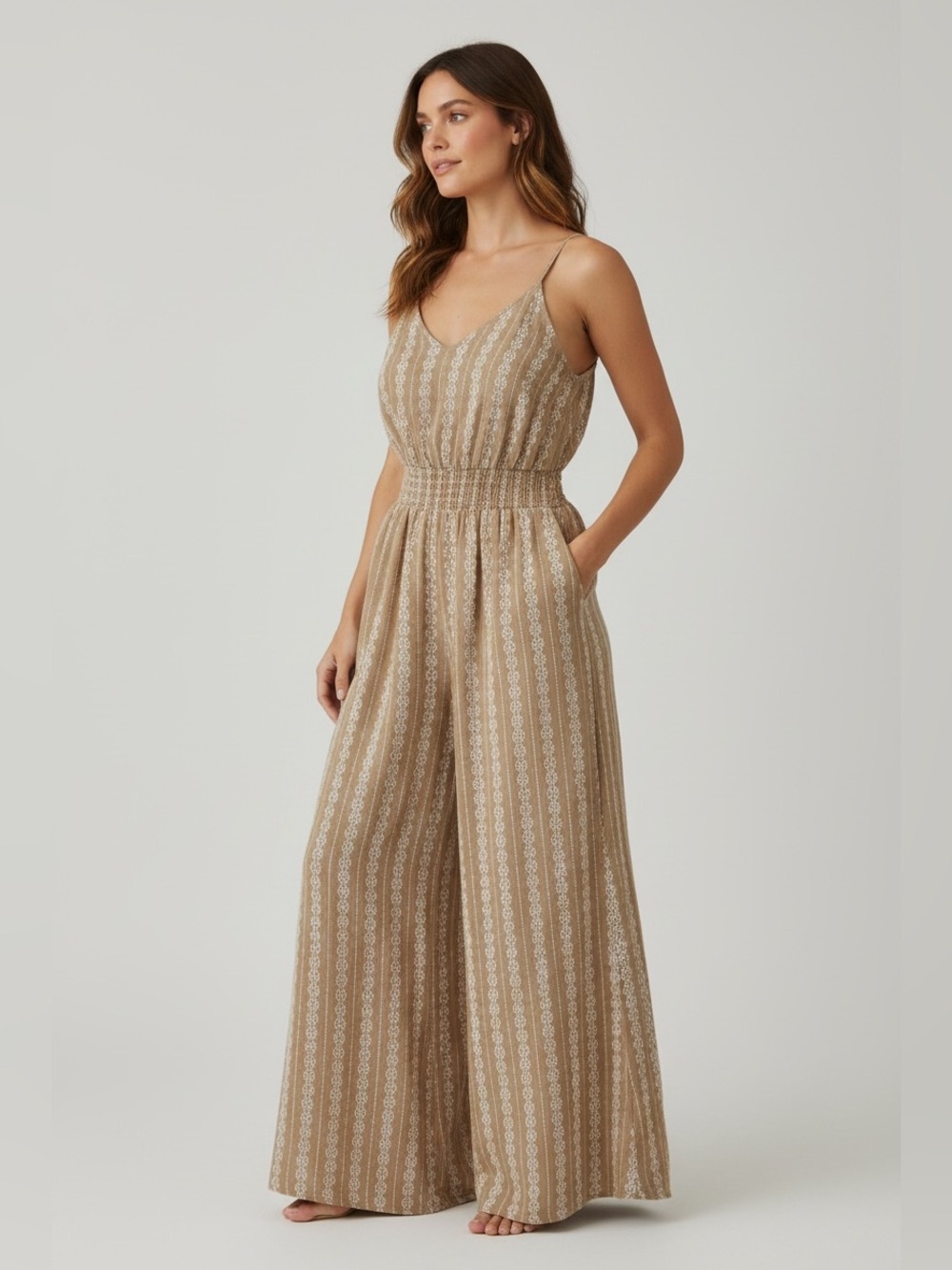 Zenobia Striped Beige Wide-Leg Jumpsuit with Smocked Waist Size 1XL